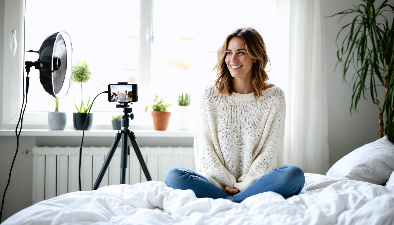 A woman in a knit jumper sits on a made bed, filming herself with a phone on a ring light