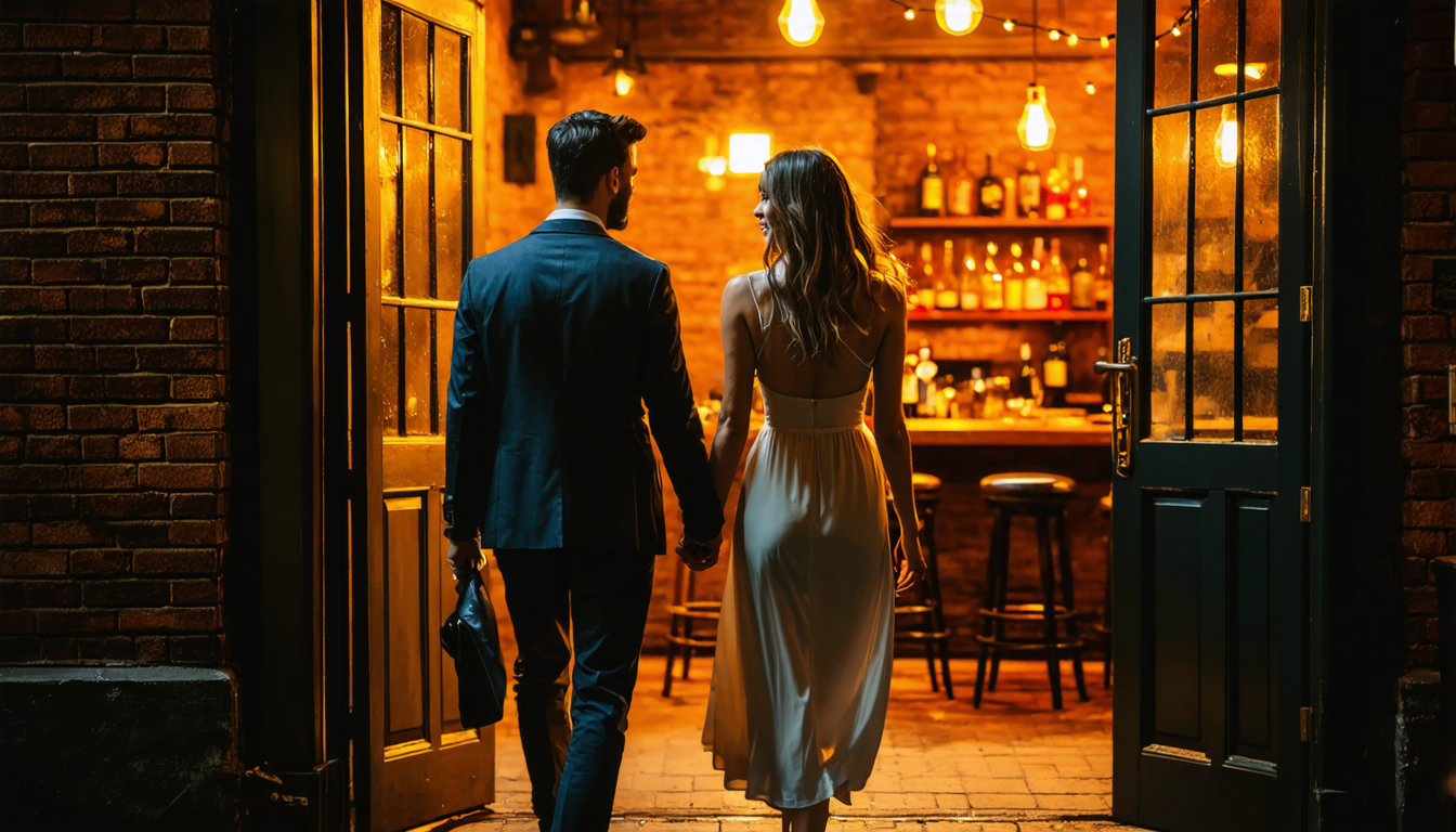 A couple walk hand in hand into a warmly lit Melbourne laneway bar at night